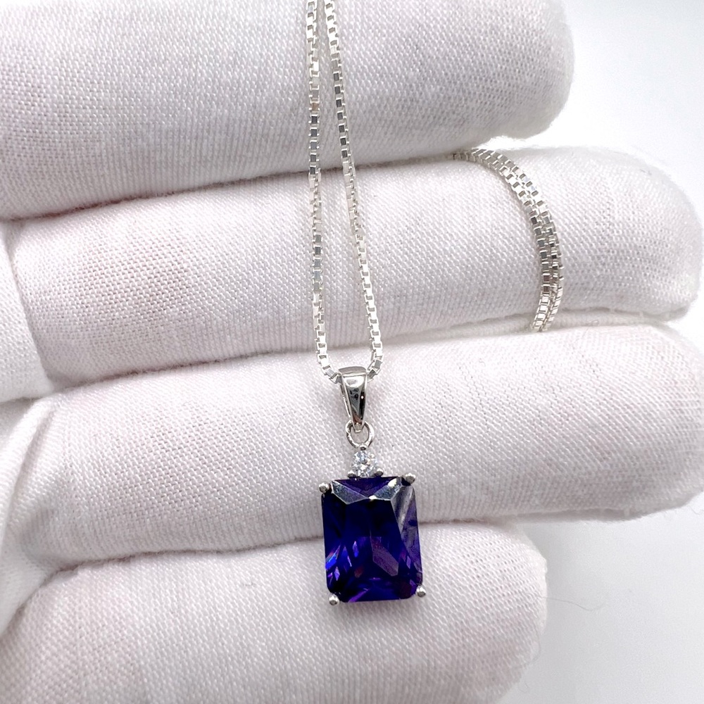 .925 Sterling Silver Emerald Cut Purple Cz Necklace